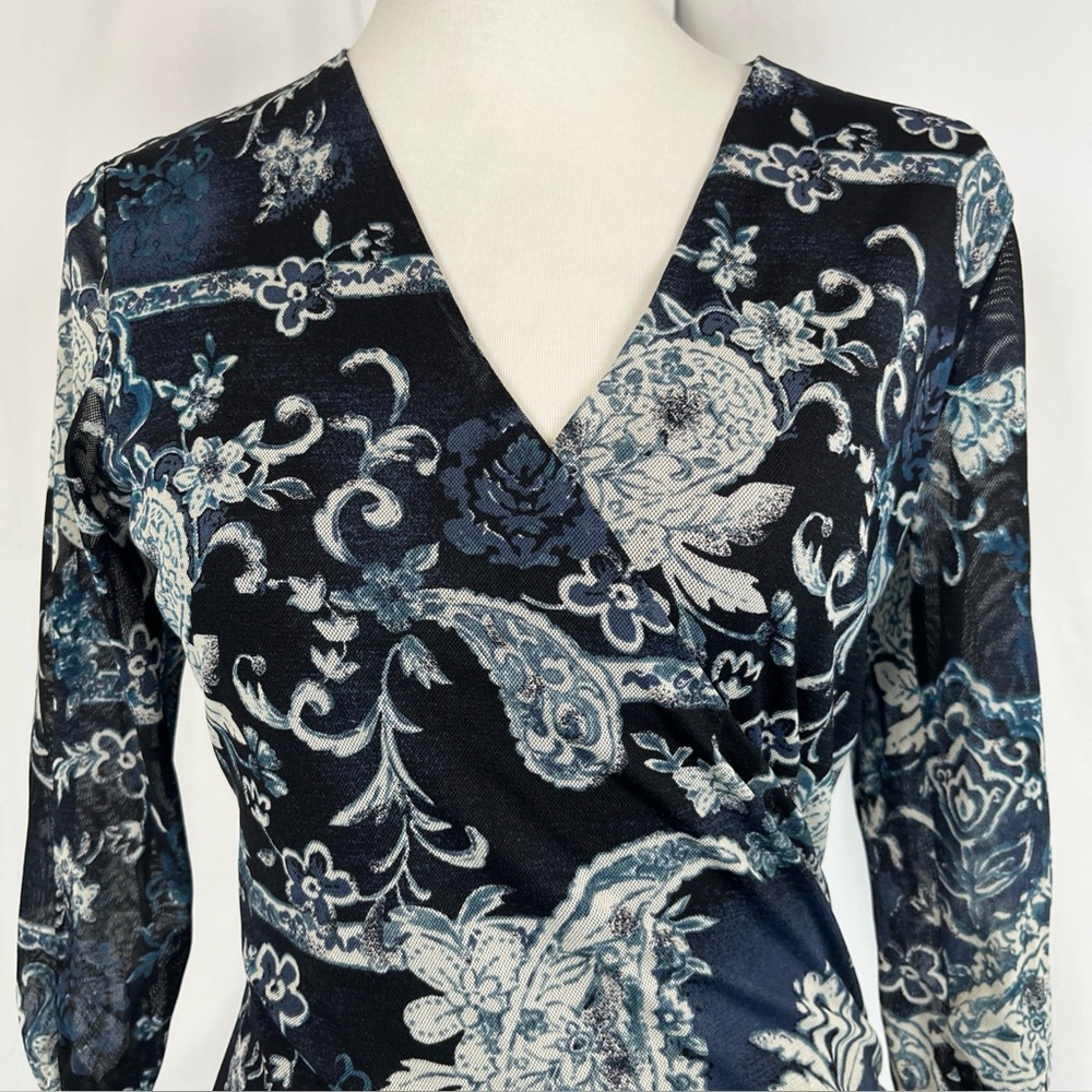 Worthington Grunge Y2K Fairy Paisley Floral Mesh Faux Wrap Top Sz M Romantic - Picture 4 of 13